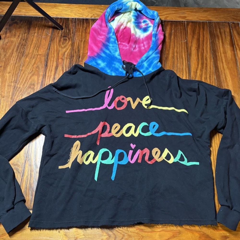 Lauren Moshi Peace Love Happiness Tie Dye Colorful Black Pullover Hoodie S A1157